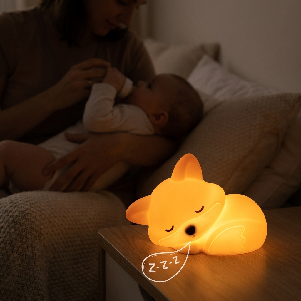 Fixless squishy silicone fox night light glowing warm, rechargeable bedside lamp