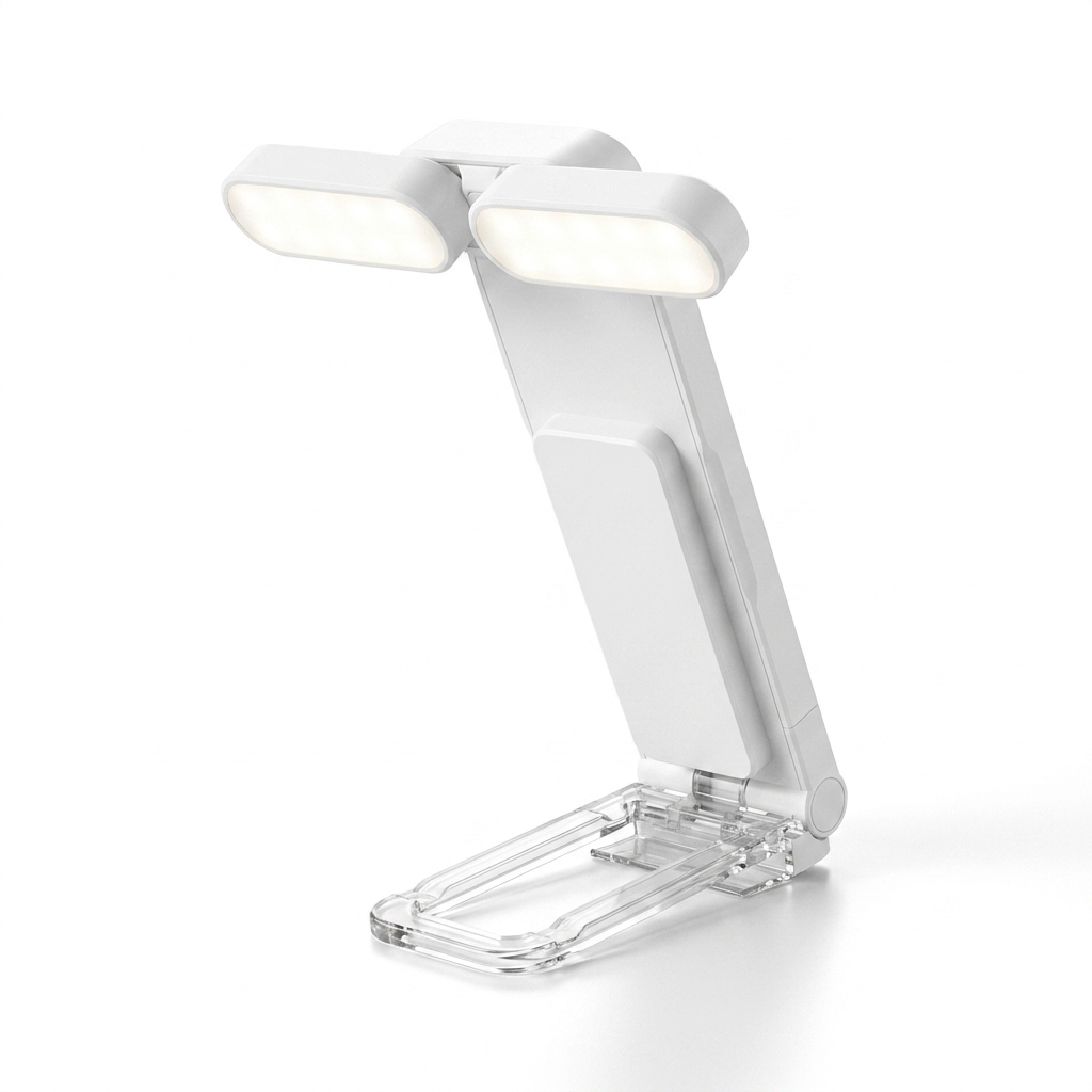 Fixless rechargeable dual-head clip-on book light in white, folding reading lamp
