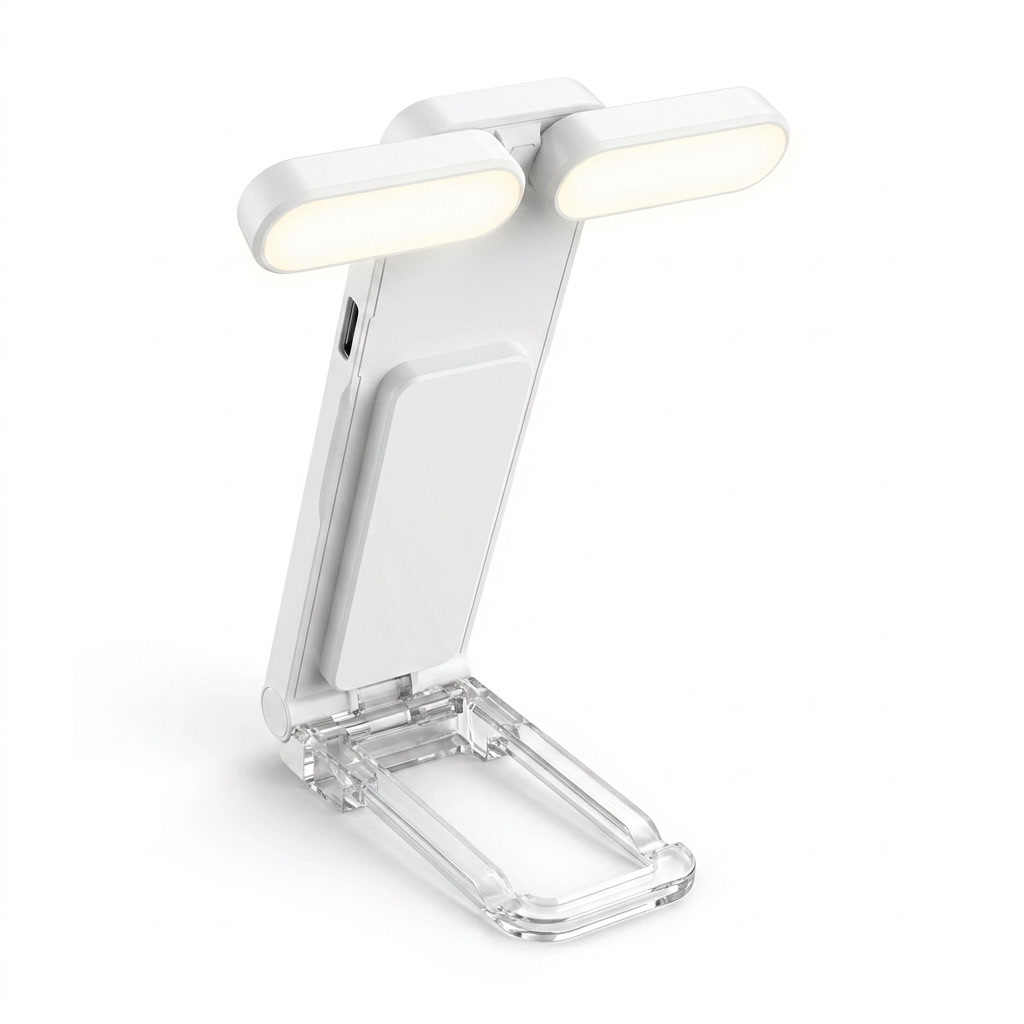 Fixless rechargeable dual-head clip-on book light in white, folding reading lamp