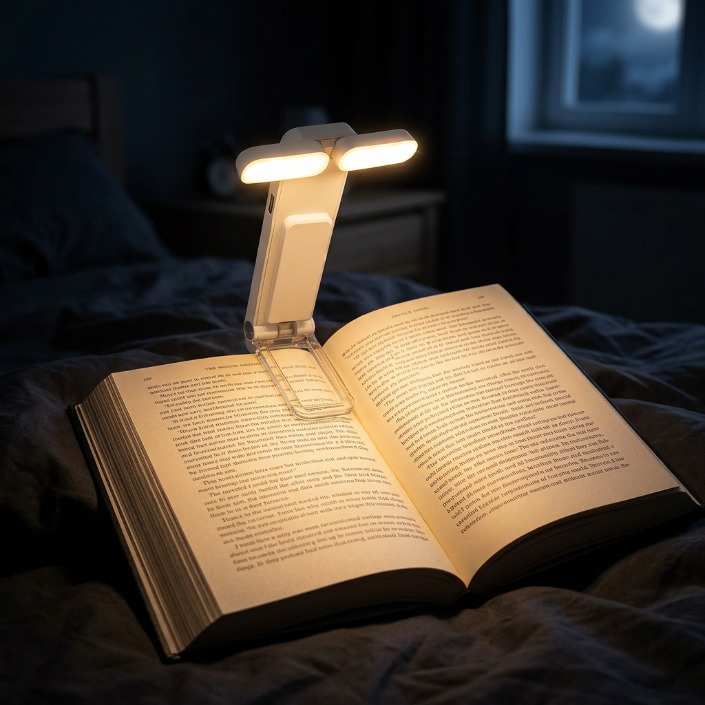 Fixless rechargeable dual-head clip-on book light in white, folding reading lamp