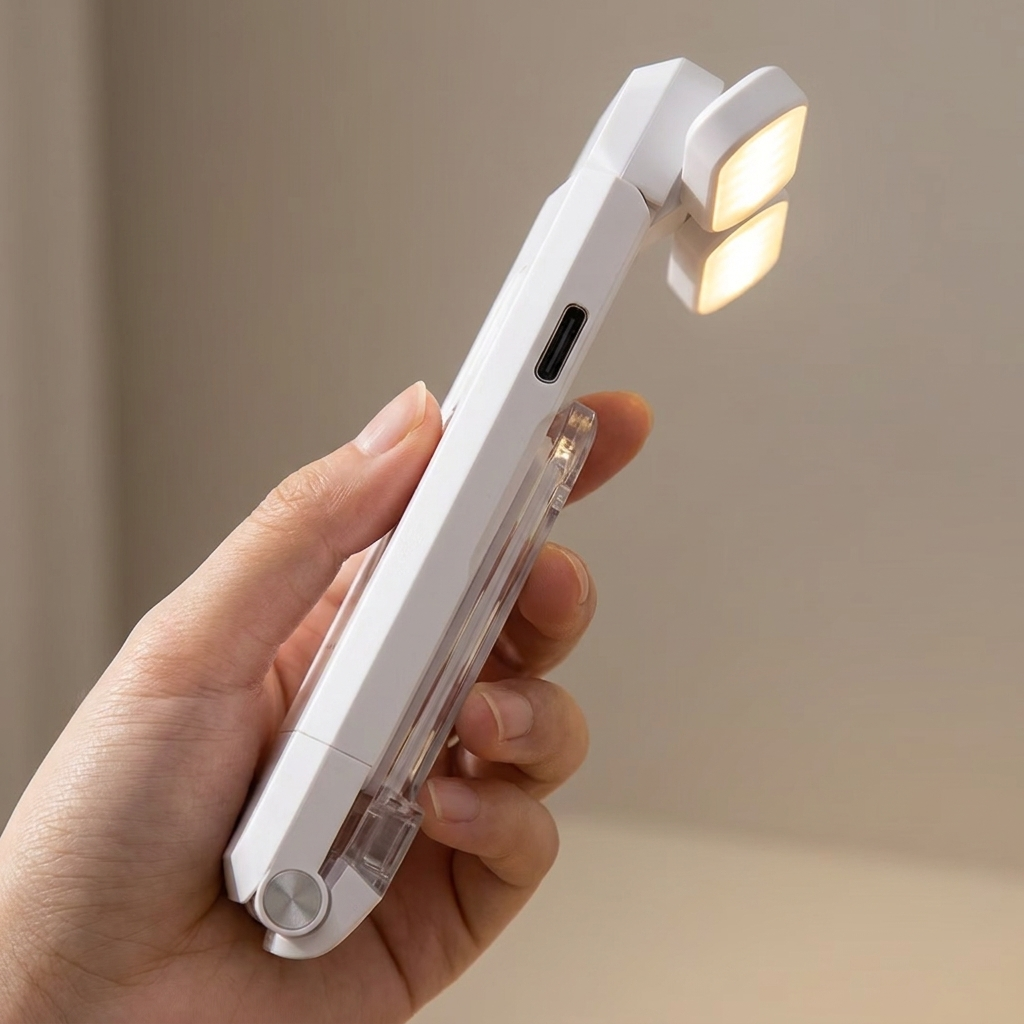 Fixless rechargeable dual-head clip-on book light in white, folding reading lamp