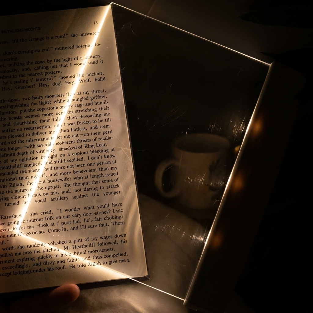 Fixless LED flat panel reading light laid over an open book page with edge-lit glow