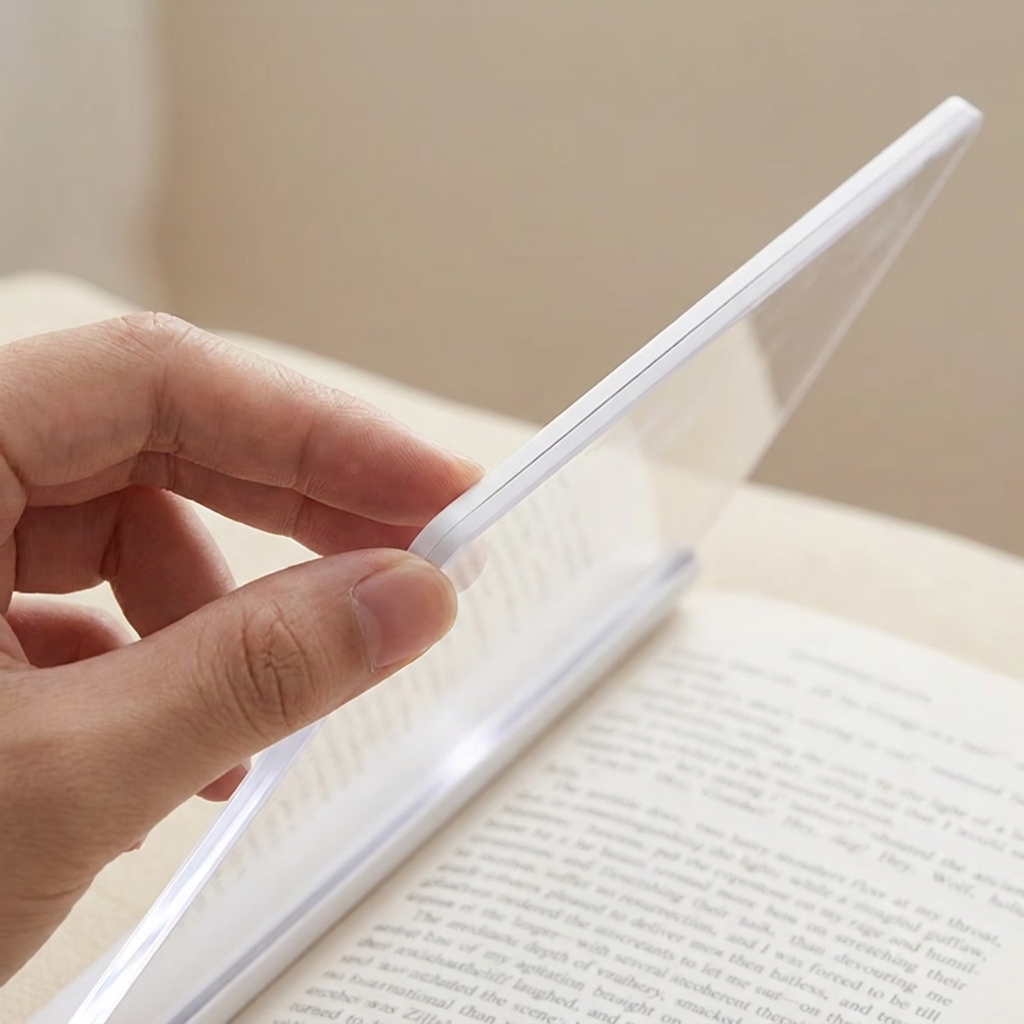 Fixless LED flat panel reading light laid over an open book page with edge-lit glow