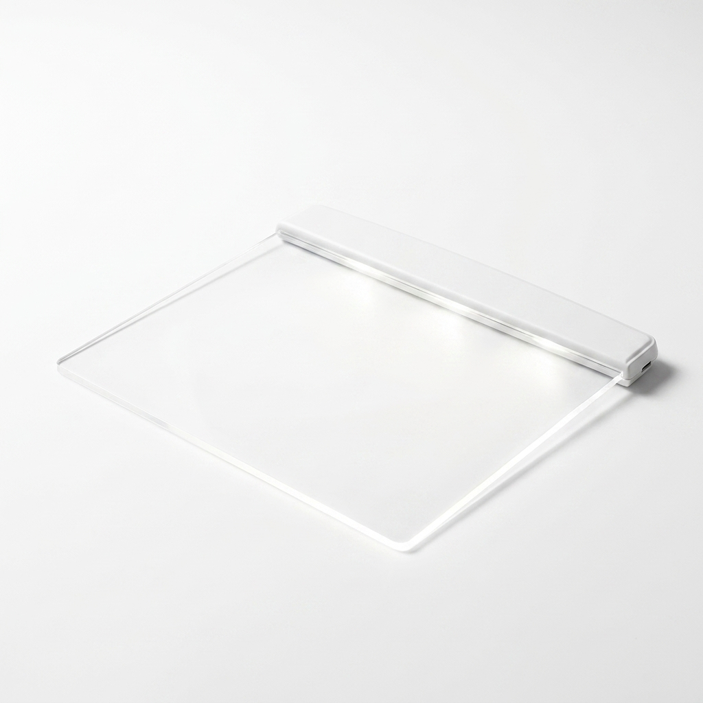 Fixless LED flat panel reading light laid over an open book page with edge-lit glow