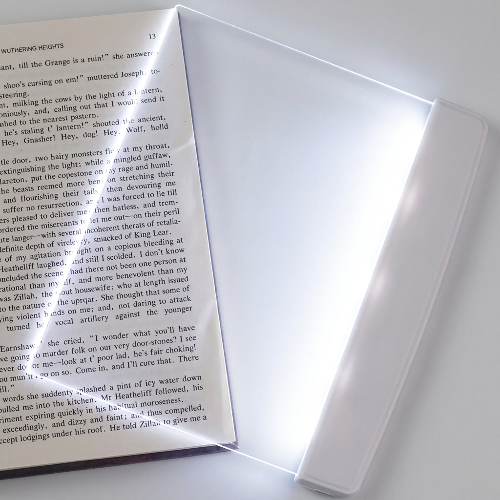 Fixless LED flat panel reading light laid over an open book page with edge-lit glow