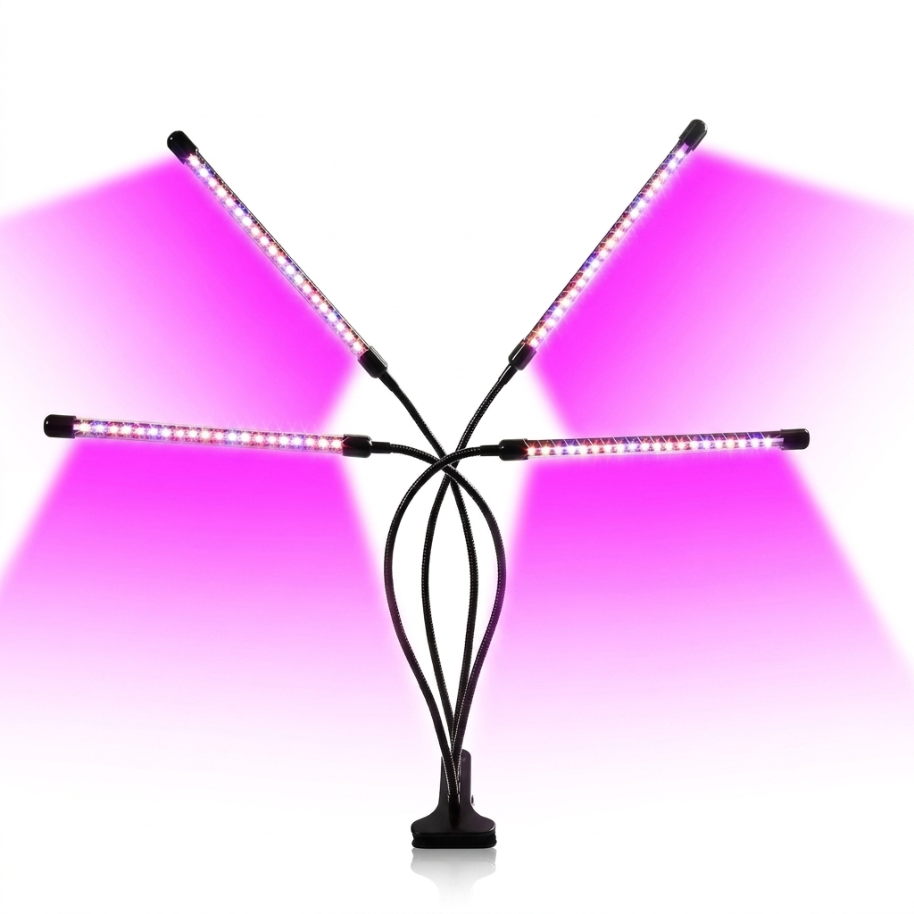 Fixless 4-head full-spectrum LED grow light with clip clamp and gooseneck arms