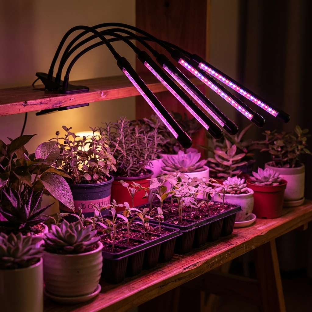 Fixless 4-head full-spectrum LED grow light with clip clamp and gooseneck arms