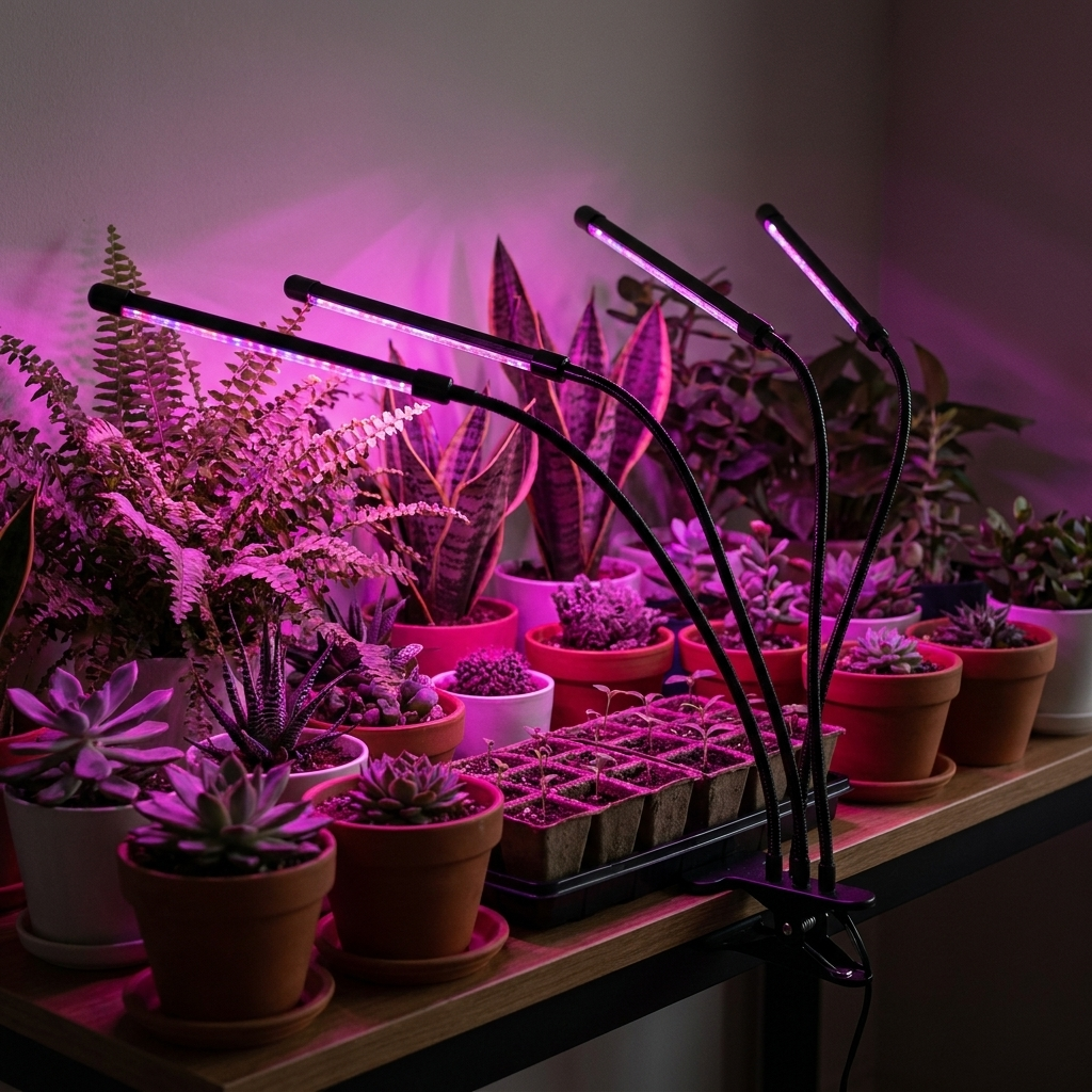 Fixless 4-head full-spectrum LED grow light with clip clamp and gooseneck arms