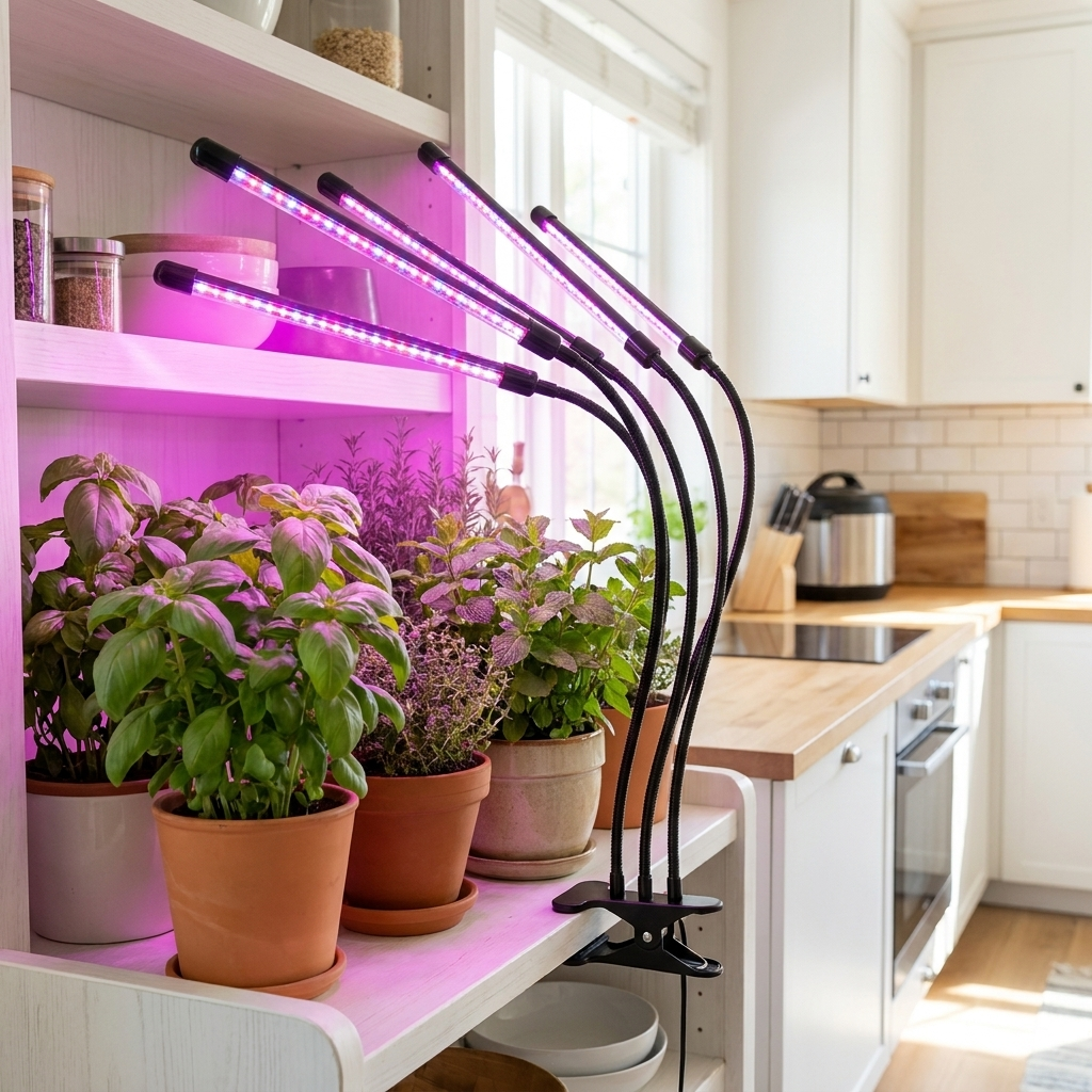 Fixless 4-head full-spectrum LED grow light with clip clamp and gooseneck arms