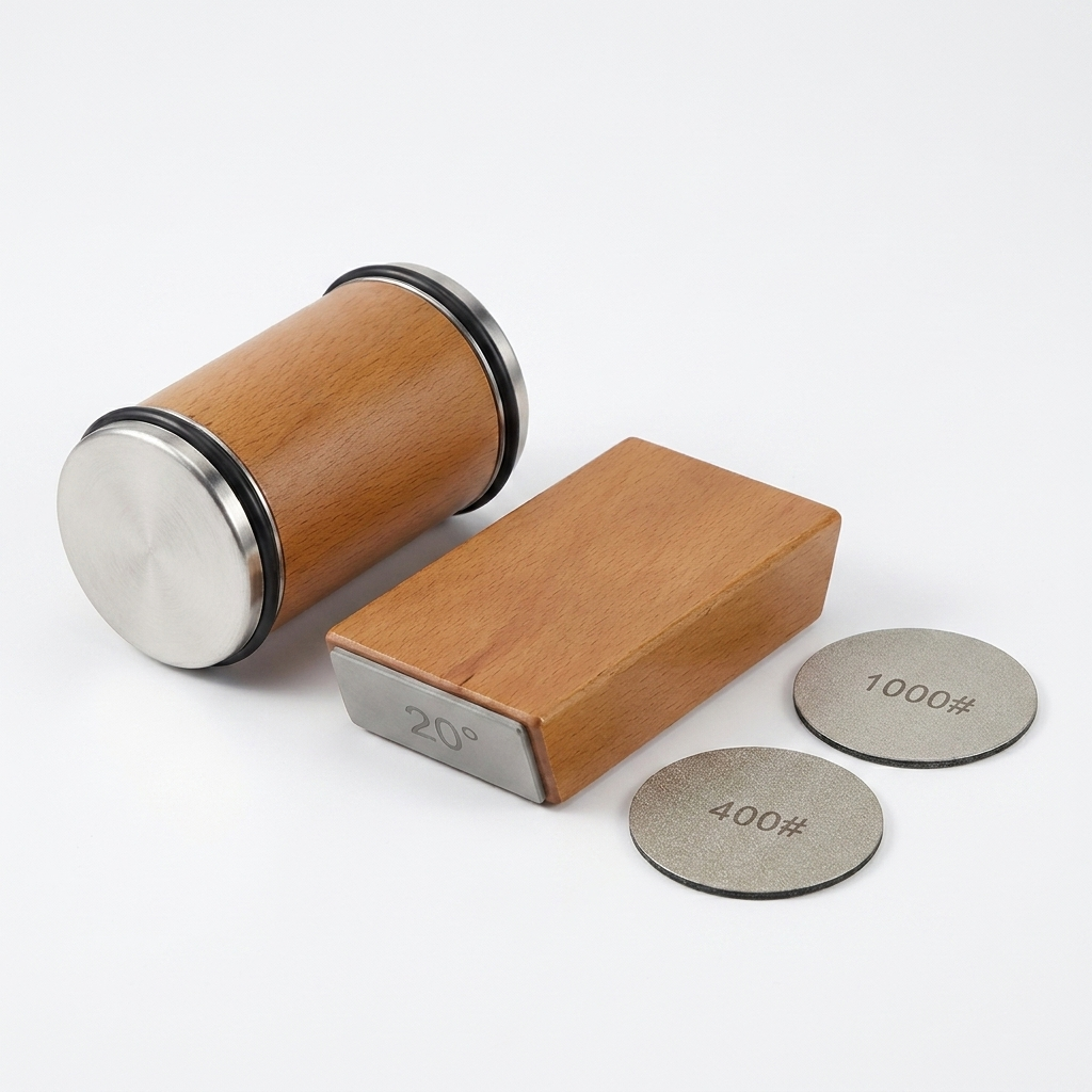 Fixless rolling knife sharpener with beech-wood roller, 15 and 20 degree guides and diamond stones