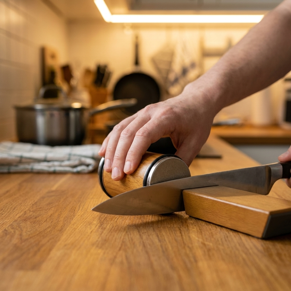 Fixless rolling knife sharpener with beech-wood roller, 15 and 20 degree guides and diamond stones