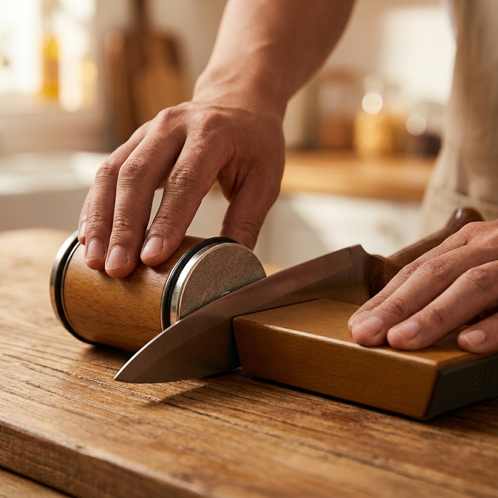 Fixless rolling knife sharpener with beech-wood roller, 15 and 20 degree guides and diamond stones