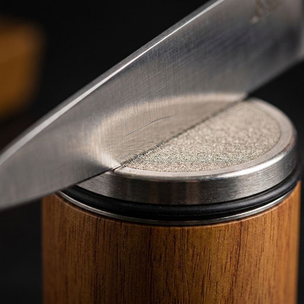 Fixless rolling knife sharpener with beech-wood roller, 15 and 20 degree guides and diamond stones