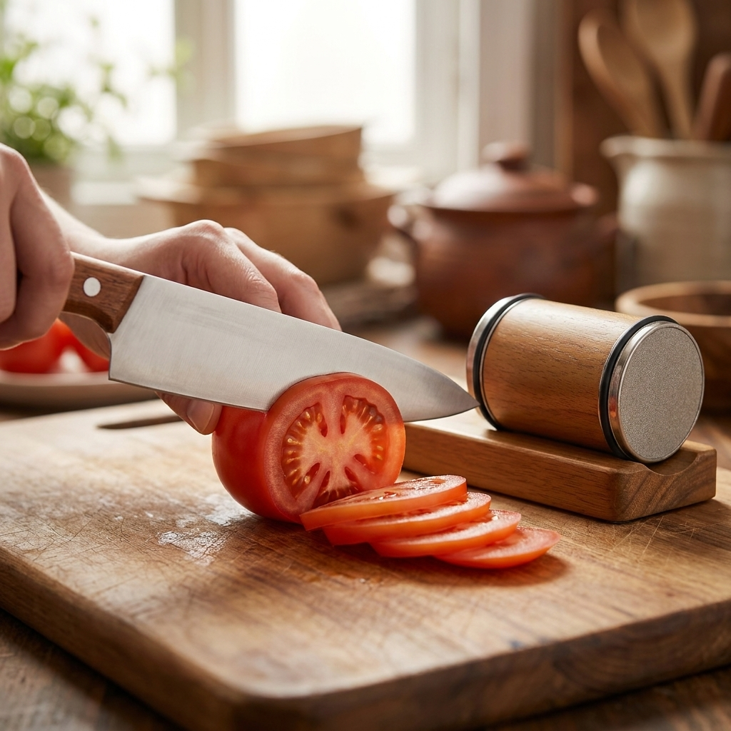 Fixless rolling knife sharpener with beech-wood roller, 15 and 20 degree guides and diamond stones