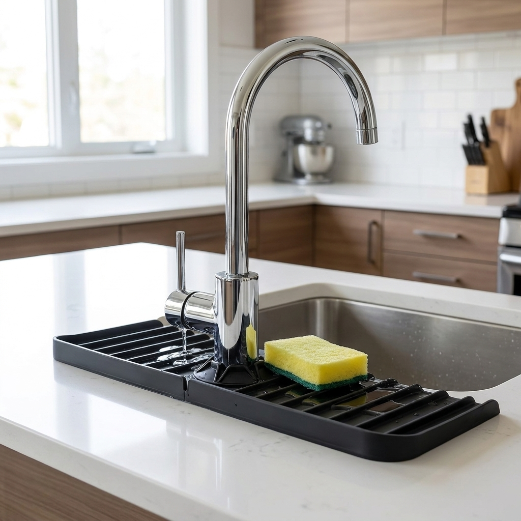 Fixless black silicone faucet splash mat with sponge holder for a kitchen sink