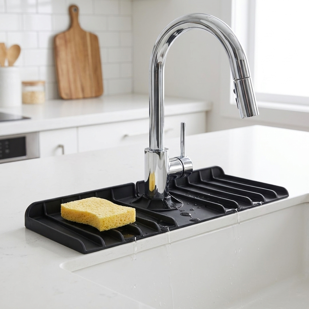 Fixless black silicone faucet splash mat with sponge holder for a kitchen sink
