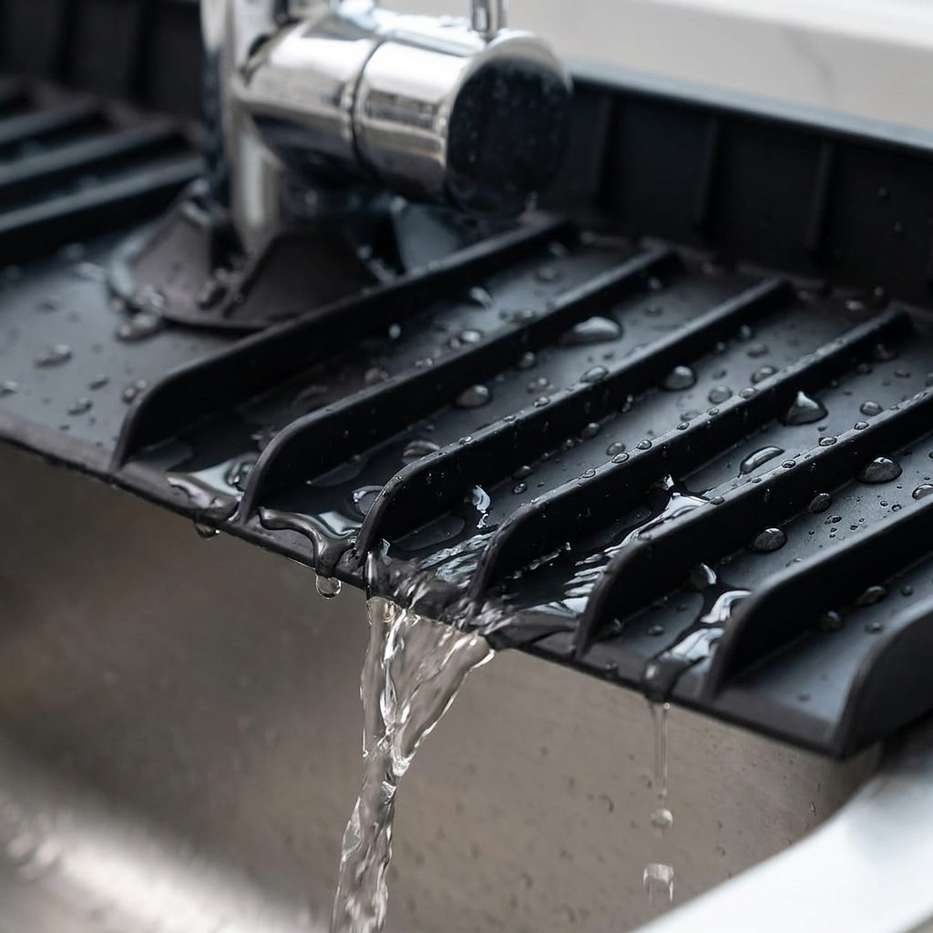 Fixless black silicone faucet splash mat with sponge holder for a kitchen sink